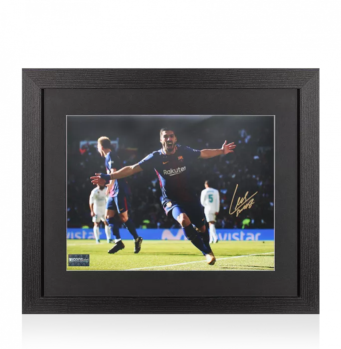 Luis Suarez FC Barcelona Signed Photo In Black Wooden Frame: Arms Out Celebration vs Real Madrid