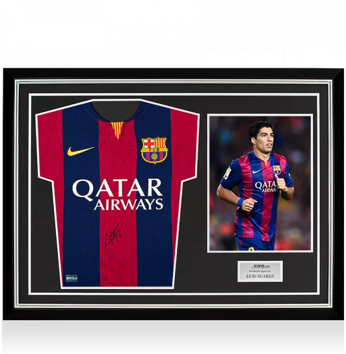 Luis Suarez Front Signed FC Barcelona 2014-15 Home Shirt In Hero Frame: Option 1