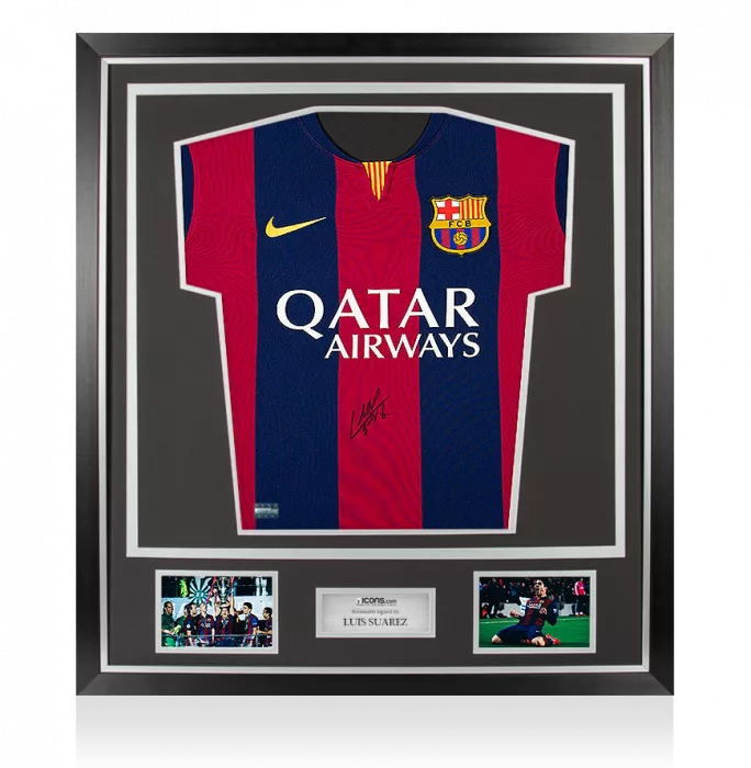 Luis Suarez Front Signed FC Barcelona 2014-15 Home Shirt In Classic Frame