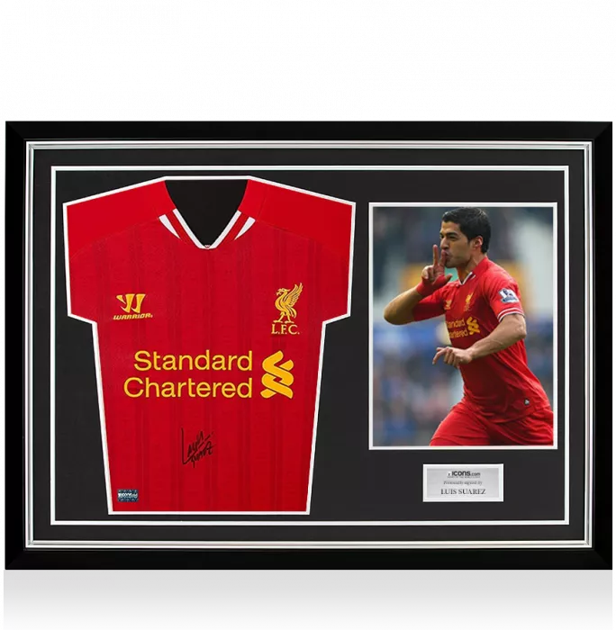 Luis Suarez Front Signed Liverpool 2013-14 Home Shirt In Hero Frame: Option 1
