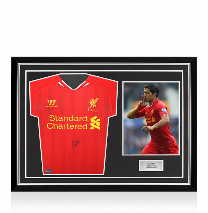 Luis Suarez Front Signed Liverpool FC 2013-14 Home Shirt In Hero Frame: Option 1