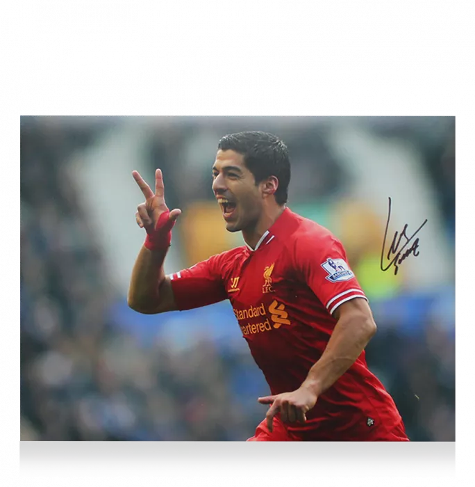 Luis Suarez Liverpool FC Signed Photo In Black Wooden Frame: Famous Celebration
