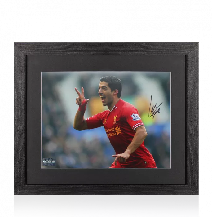Luis Suarez Liverpool FC Signed Photo In Black Wooden Frame: Famous Celebration