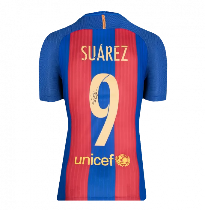 Luis Suarez Official FC Barcelona Back Signed And Framed 2016-17 Home Shirt With Fan Style Number