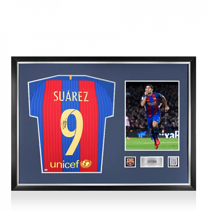 Luis Suarez Official FC Barcelona Back Signed and Framed 2016-17 Home Shirt with Fan Style Number