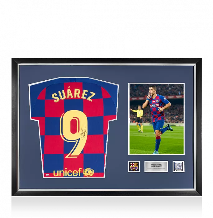 Luis Suarez Official FC Barcelona Back Signed and Framed 2019-20 Home Shirt