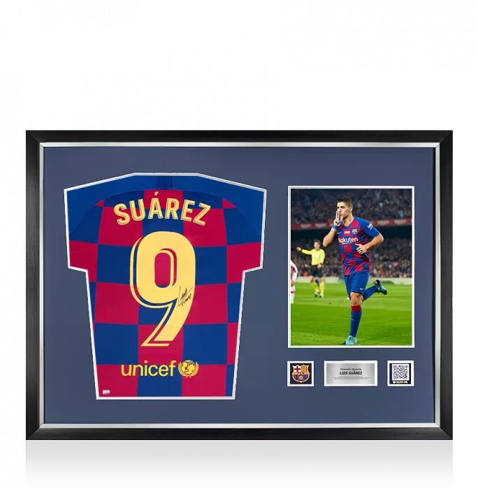 Luis Suarez Official FC Barcelona Back Signed and Framed 2019-20 Home Shirt With Fan Style Number