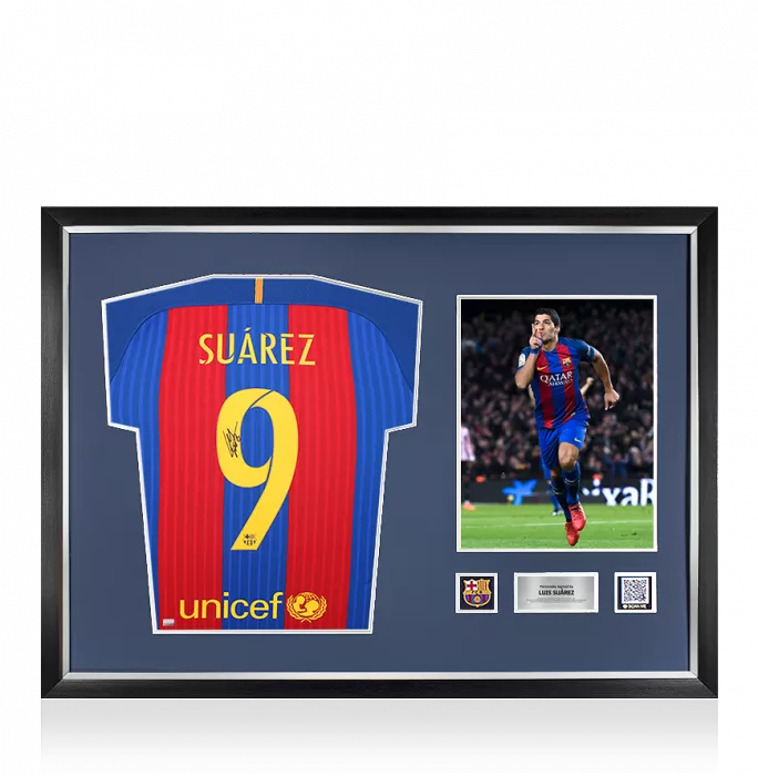 Luis Suarez Official FC Barcelona Back Signed and Framed 2016-17 Home Shirt