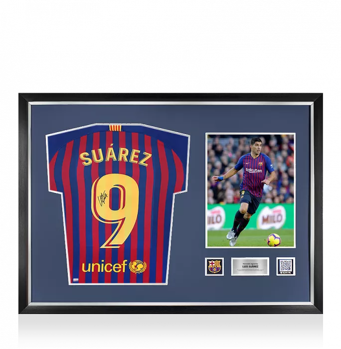 Luis Suarez Official FC Barcelona Back Signed and Framed 2018-19 Home Shirt with Fan Style Number