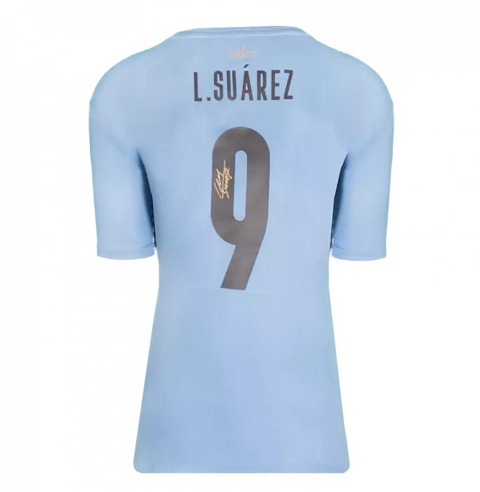 Luis Suarez Official FIFA World Cup™ Back Signed And Hero Framed Uruguay 2021-22 Home Shirt With Fan Style Number