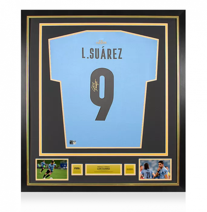 Luis Suarez Official FIFA World Cup™ Back Signed and Framed Uruguay 2021-22 Home Shirt with Fan Style Number
