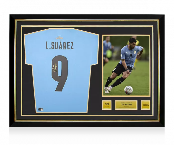 Luis Suarez Official FIFA World Cup™ Back Signed and Hero Framed Uruguay 2021-22 Home Shirt with Fan Style Number