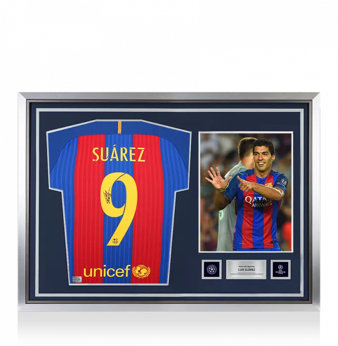 Luis Suarez Official UEFA Champions League Back Signed and Hero Framed FC Barcelona 2016-17 Home Shirt