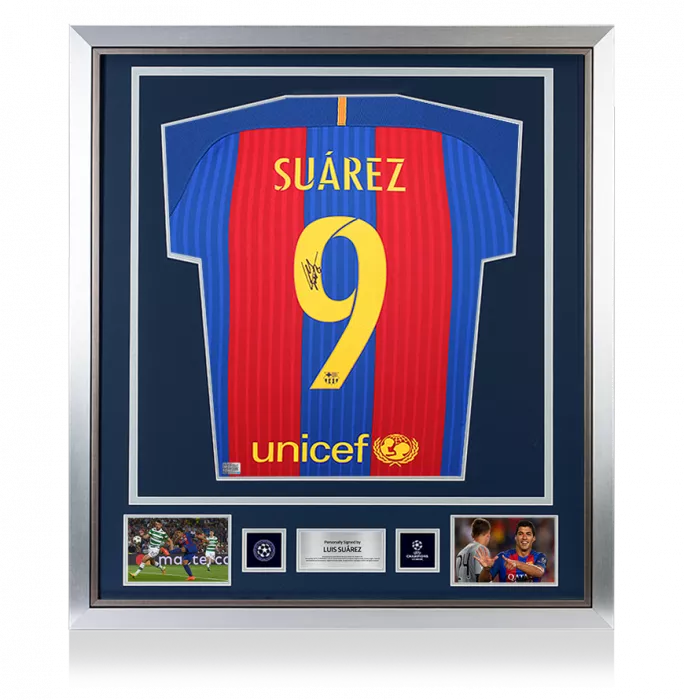 Luis Suarez Official UEFA Champions League Back Signed and Framed FC Barcelona 2016-17 Home Shirt