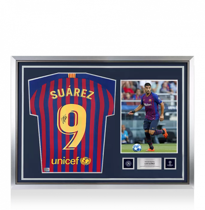 Luis Suarez Official UEFA Champions League Back Signed and Hero Framed FC Barcelona 2018-19 Home Shirt with Fan Style Number