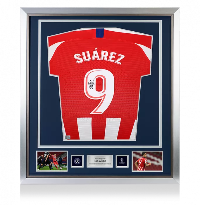 Luis Suarez Official UEFA Champions League Back Signed and Framed Atletico Madrid 2019-20 Home Shirt with Fan Style Number