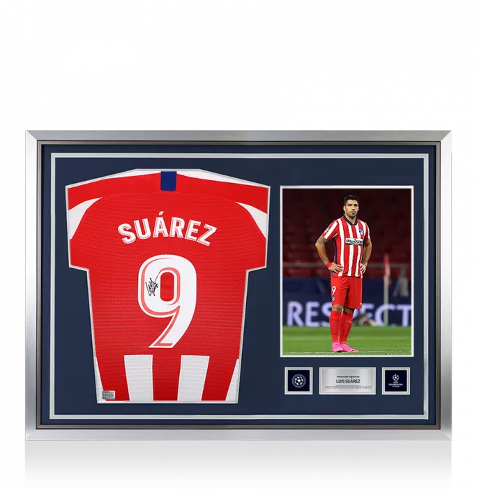 Luis Suarez Official UEFA Champions League Back Signed and Hero Framed Atletico Madrid 2019-20 Home Shirt with Fan Style Number