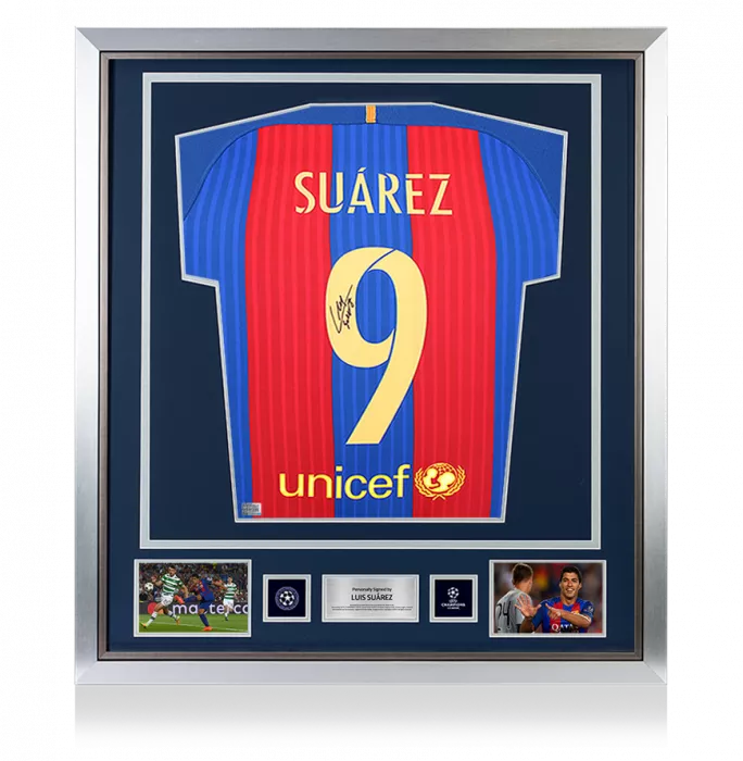 Luis Suarez Official UEFA Champions League Back Signed and Framed FC Barcelona 2016-17 Home Shirt with Fan Style Number