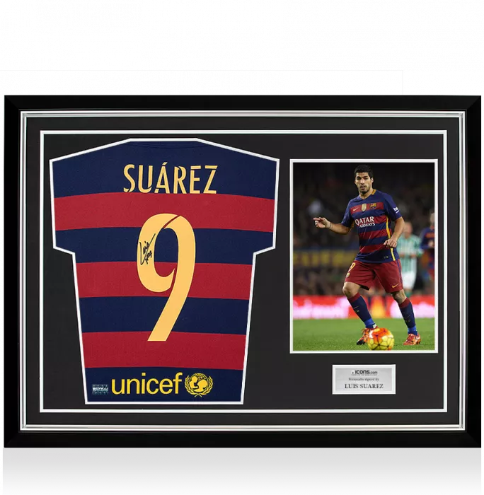 Luis Suarez Signed FC Barcelona 2015-16 Home Shirt With Fan Style Number In Hero Frame: Option 1