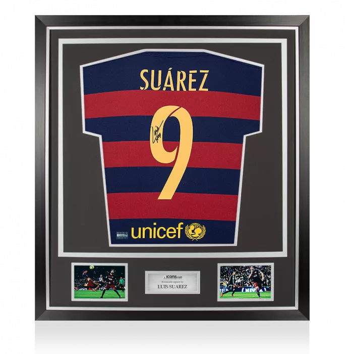 Luis Suarez Signed FC Barcelona 2015-16 Home Shirt With Fan Style Number In Classic Frame
