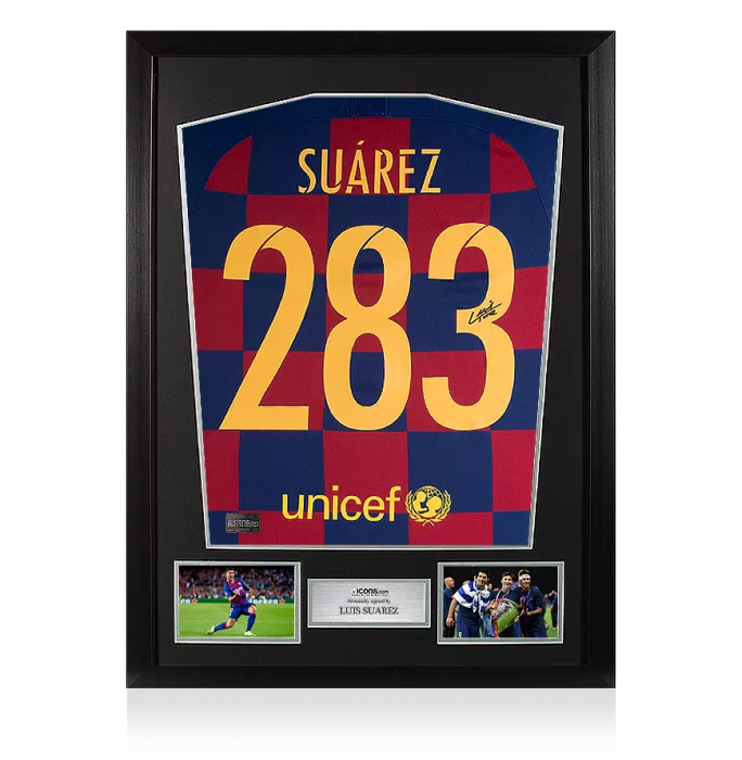 Luis Suarez Signed FC Barcelona Home Shirt In Classic Frame: 283 Goals Special Edition