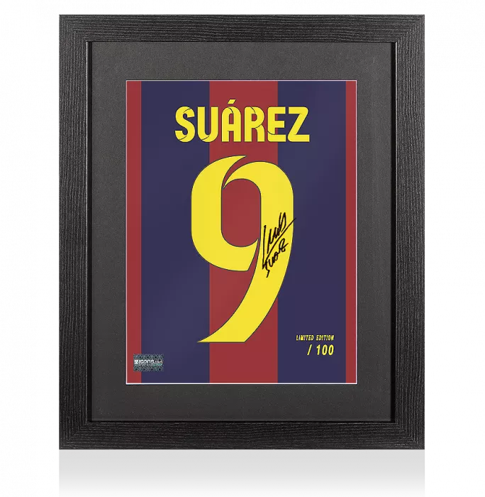 Luis Suarez Signed FC Barcelona Shirt Print In Black Wooden Frame: Limited Edition 'Suarez 9'