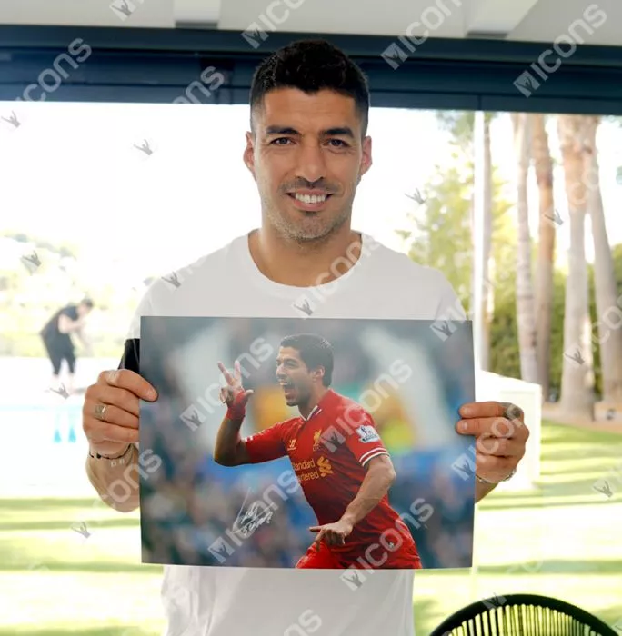 Luis Suarez Signed Liverpool FC Photo In Black Wooden Frame: Celebration Vs. Everton