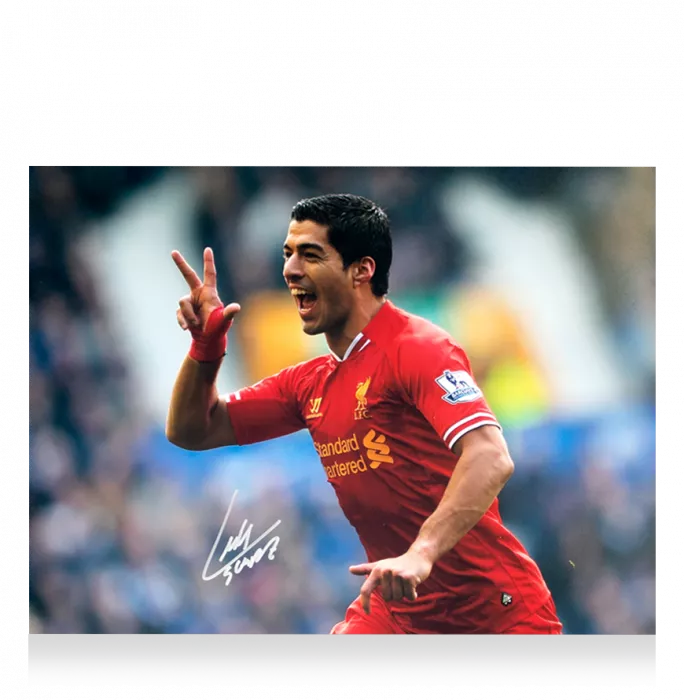 Luis Suarez Signed Liverpool FC Photo In Black Wooden Frame: Celebration Vs. Everton