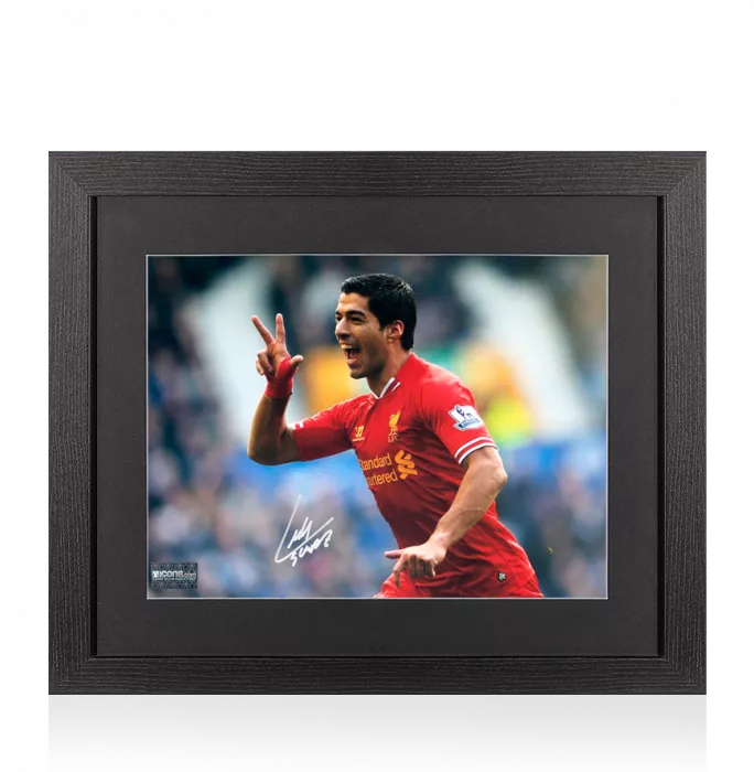 Luis Suarez Signed Liverpool FC Photo In Black Wooden Frame: Celebration vs. Everton
