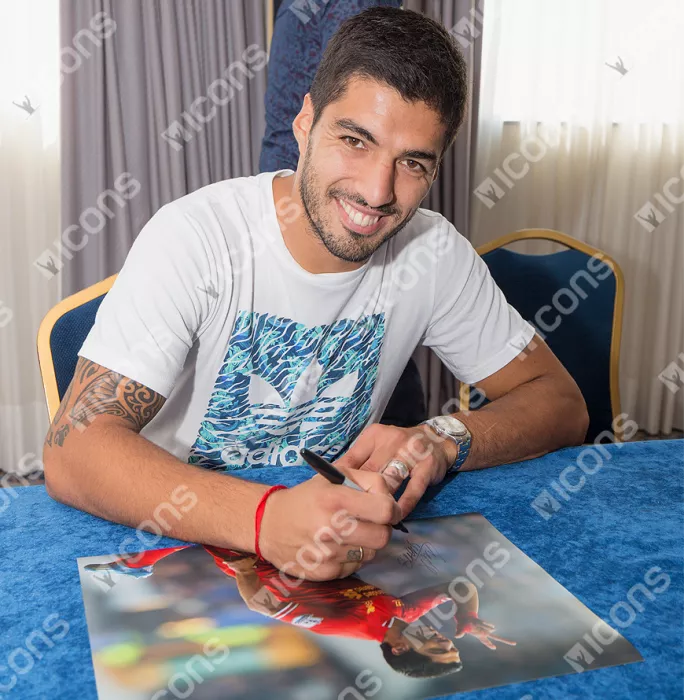 Luis Suarez Signed Liverpool Photo In Black Wooden Frame: Trademark Celebration