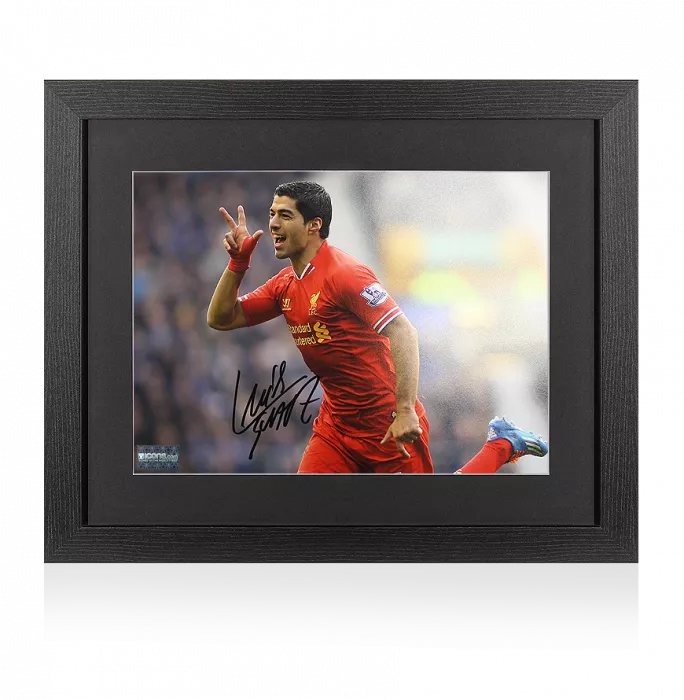 Luis Suarez Signed Liverpool Photo In Black Wooden Frame: Trademark Celebration