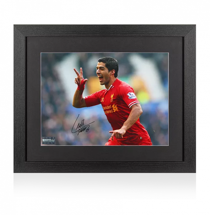 Luis Suarez Signed Liverpool Photo In Black Wooden Frame: Goal vs Everton