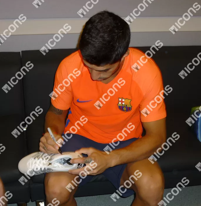 Luis Suarez Signed White And Silver Adidas X 15.4 Boot In Acrylic Case