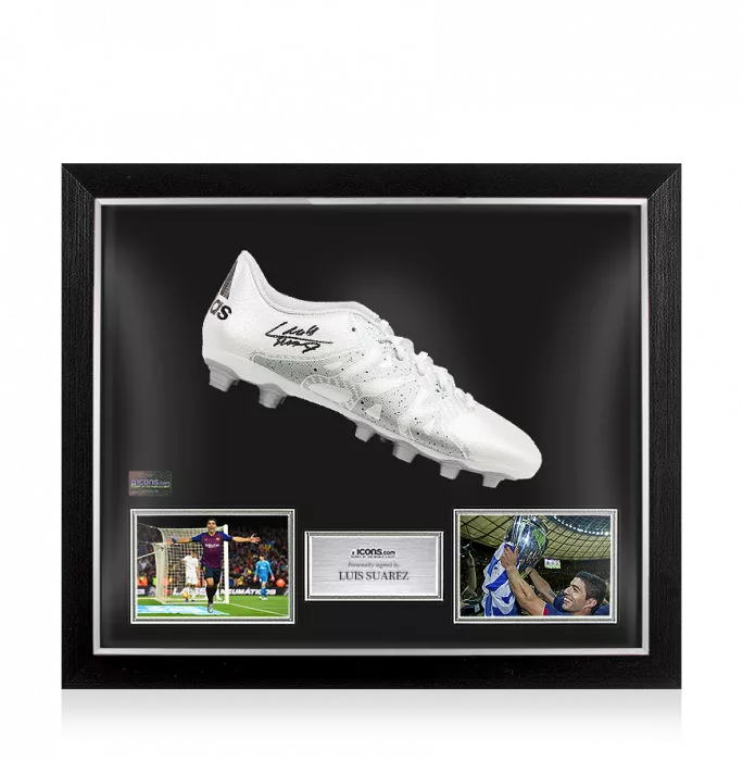 Luis Suarez Signed White and Silver Adidas X 15.4 Boot In Bubble Frame: Option 1
