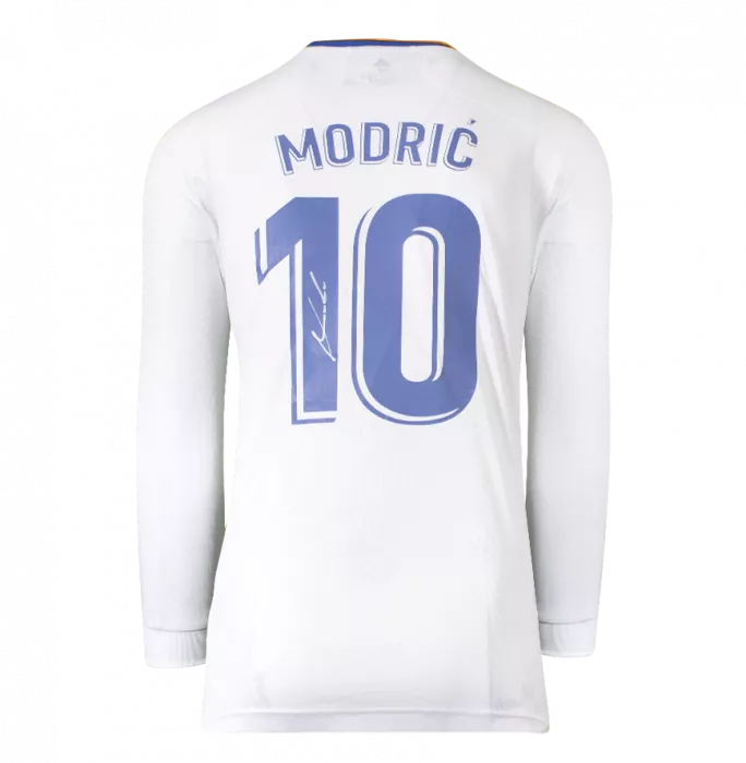 Luka Modric Back Signed Real Madrid 2021-22 Long Sleeve Home Shirt With Fan Style Numbers: La Liga Edition In Hero Frame: Option 1