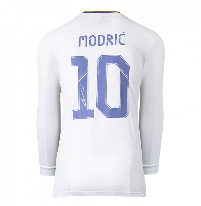 Luka Modric Back Signed Real Madrid 2021-22 Long Sleeve Home Shirt With Fan Style Numbers: UCL Edition In Hero Frame: Option 1