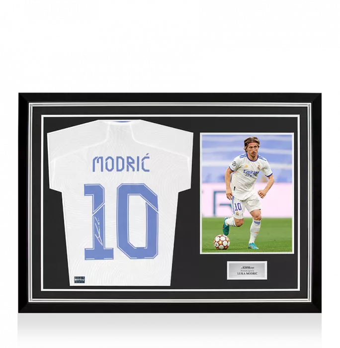 Luka Modric Back Signed Real Madrid 2021-22 Long Sleeve Home Shirt with Fan Style Numbers: UCL Edition In Hero Frame: Option 1