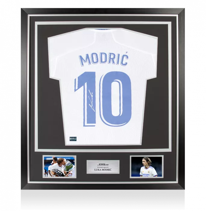Luka Modric Back Signed Real Madrid 2021-22 Long Sleeve Home Shirt with Fan Style Numbers: La Liga Edition In Classic Frame