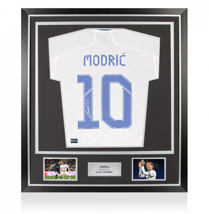 Luka Modric Back Signed Real Madrid 2021-22 Long Sleeve Home Shirt with Fan Style Numbers: UCL Edition In Classic Frame