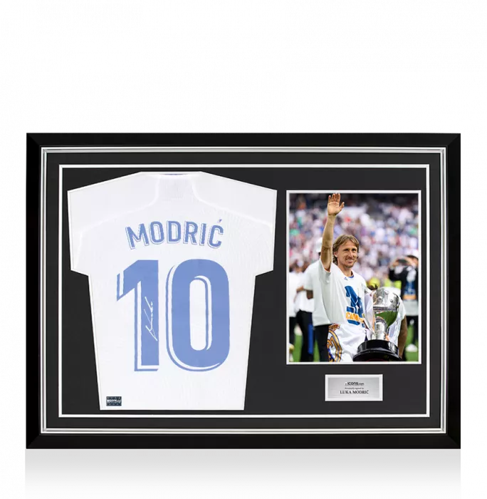 Luka Modric Back Signed Real Madrid 2021-22 Long Sleeve Home Shirt with Fan Style Numbers: La Liga Edition In Hero Frame: Option 1