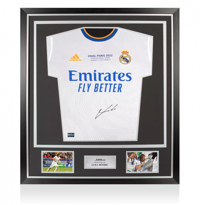 Luka Modric Front Signed Real Madrid 2021-22 Long Sleeve Home Shirt: UEFA Champions League Final Text In Classic Frame