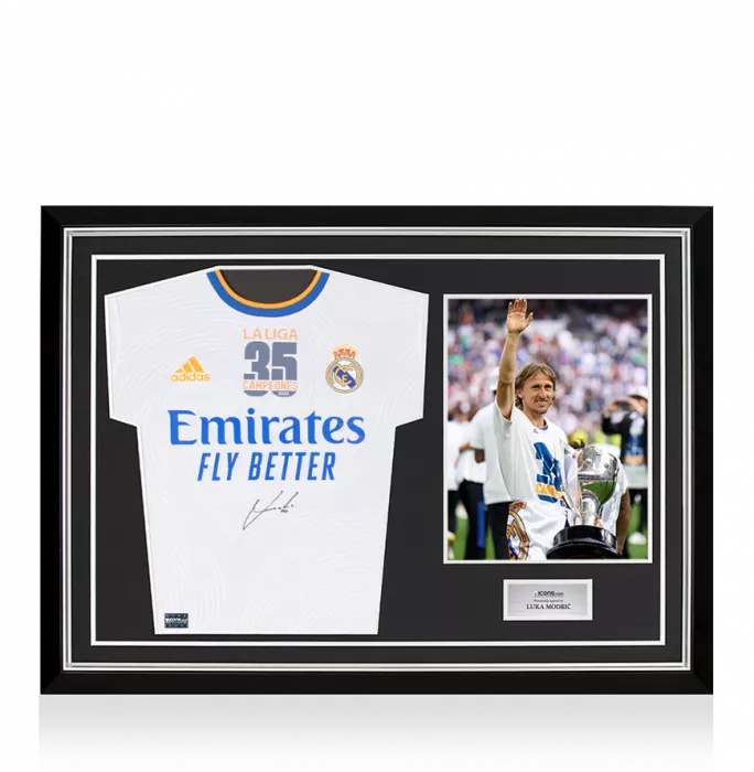 Luka Modric Front Signed Real Madrid 2021-22-Long Sleeve Home Shirt: La Liga Champions In Hero Frame: Option 1