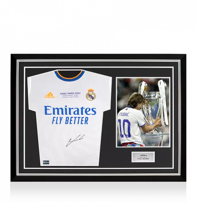 Luka Modric Front Signed Real Madrid 2021-22 Long Sleeve Home Shirt: UEFA Champions League Final Text In Hero Frame: Option 1