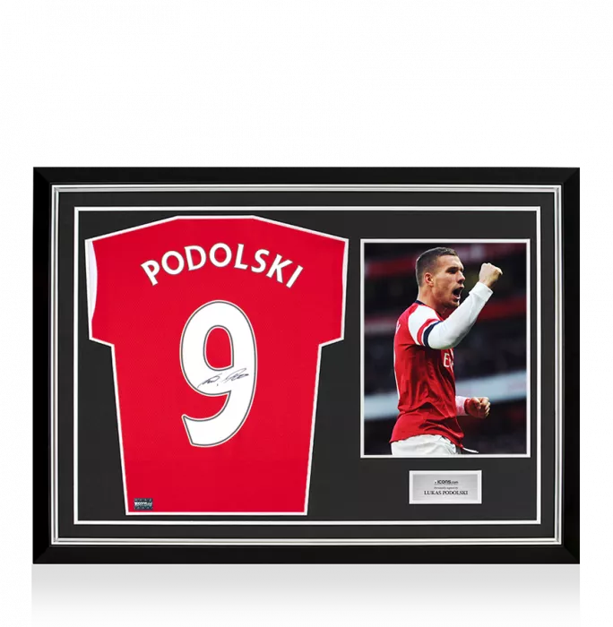 Lukas Podolski Back Signed Arsenal 2019-20 Home Shirt With Fan Style Number In Hero Frame: Option 1