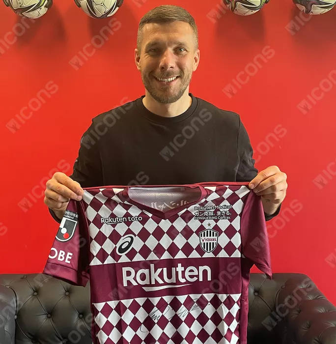 Lukas Podolski Front Signed Vissel Kobe 2021-22 Home Shirt In Hero Frame: Option 1