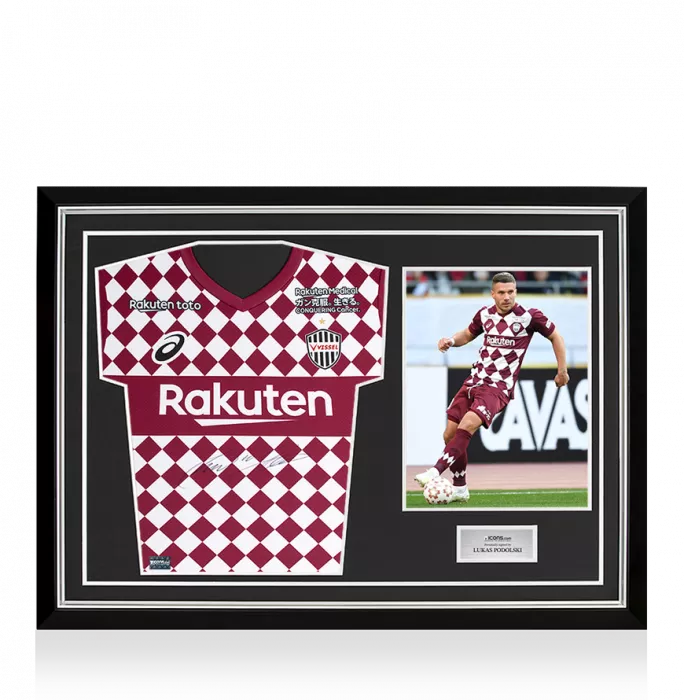 Lukas Podolski Front Signed Vissel Kobe 2021-22 Home Shirt In Hero Frame: Option 1