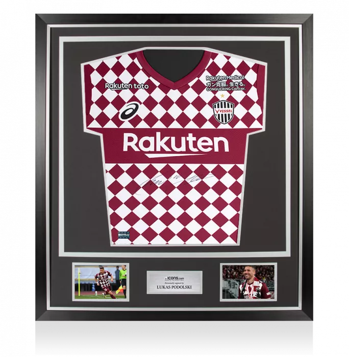 Lukas Podolski Front Signed Vissel Kobe 2021-22 Home Shirt In Classic Frame