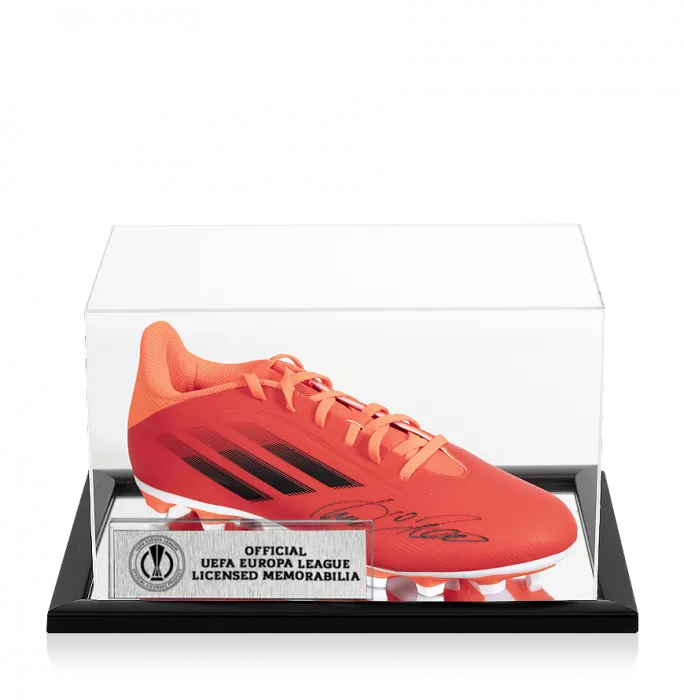 Lukas Podolski Official UEFA Europa League Signed Red Adidas X.4 Boot In Acrylic Case