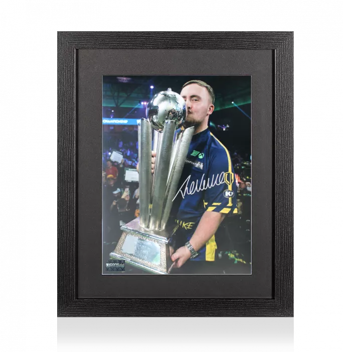 Luke Littler Signed Photo In Black Wooden Frame: World Darts Championship Trophy