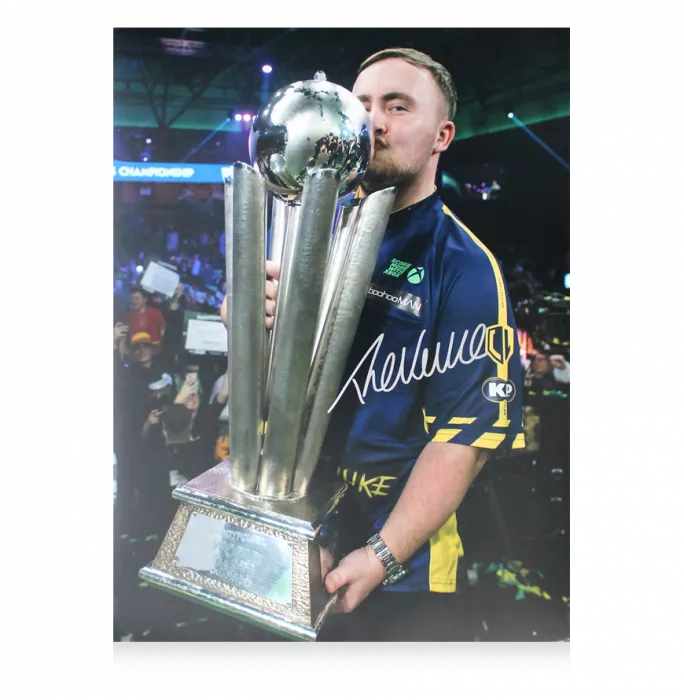 Luke Littler Signed Photo In Premium Photo Frame: World Darts Championship Trophy